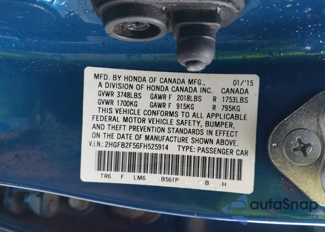 2015 Honda Civic Lx из США, поврежденный, VIN 2HGFB2F56FH525914